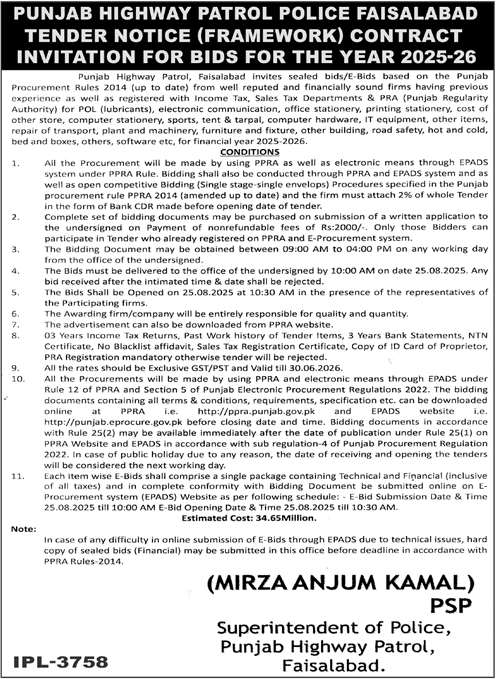 Punjab Highway Patrol Faisalabad Tender Notice
